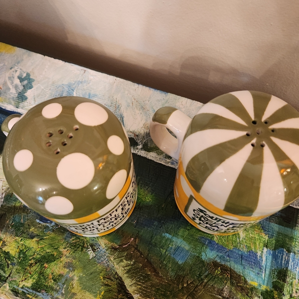 T. Cabells Too Southern Salt & Pepper Shaker Set Ceramic Polka Dot Stripe - Picture 8 of 8